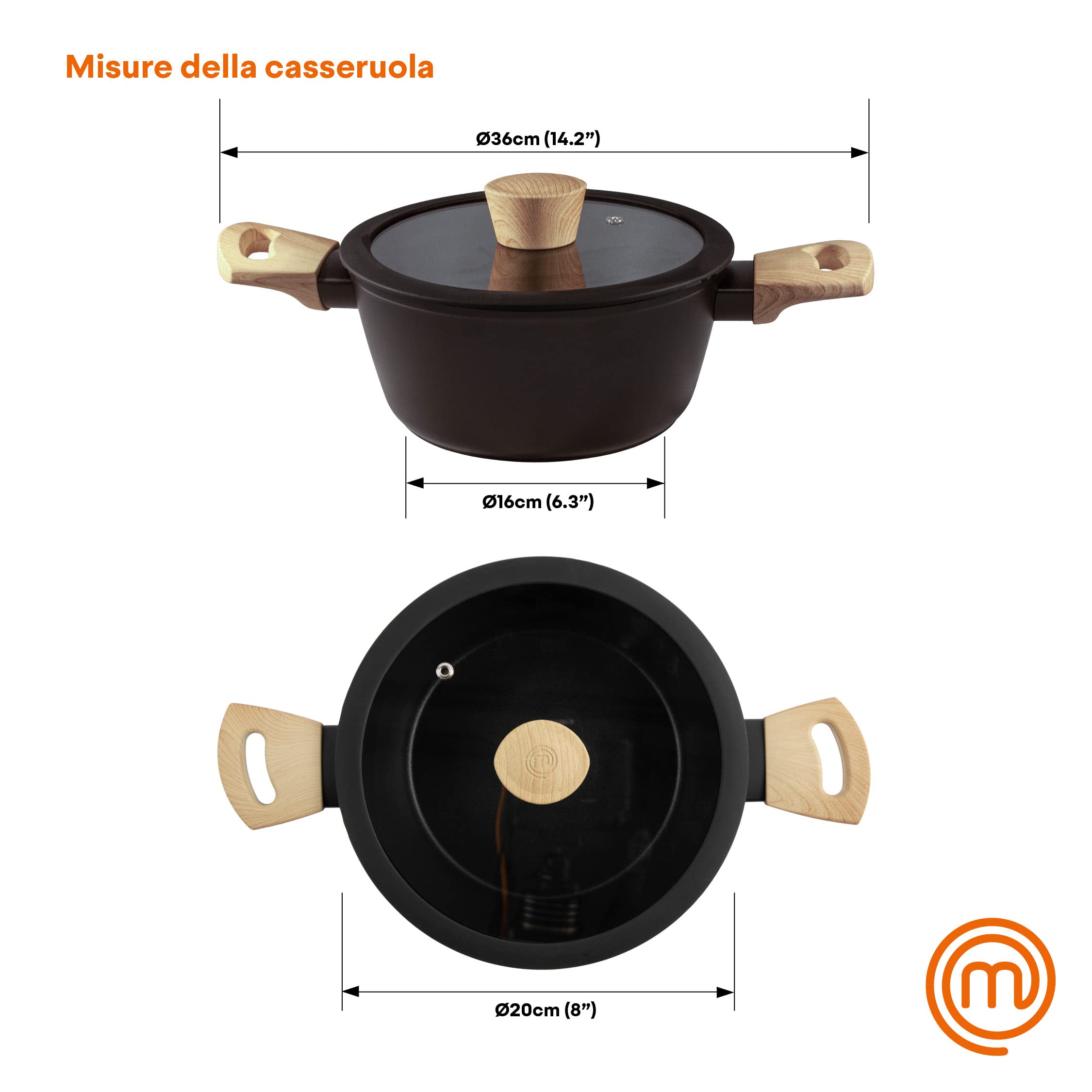 MasterChef Casseruola Antiaderente 20 cm, Pentola Induzione per Pasta, Agnelli, Polenta e altro, Crock Pot Alluminio con Manici Per Pentole in Legno, Antigraffio, Lavabile in Lavastoviglie, Nera