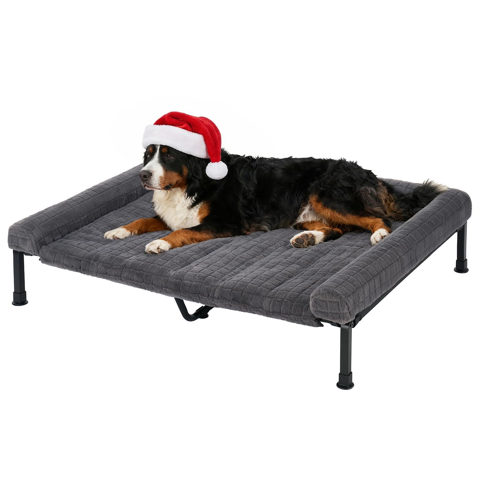 Veehoo Elevated Dog Bed Large Sized with Fluffy Plush Bolster Cushion, Washable Orthopedic Dog Couch Bed, Cooling Raised Pet Cot with Removable Mat, Breathable Mesh, No-Slip Feet, 53 x 37 inches, Grey