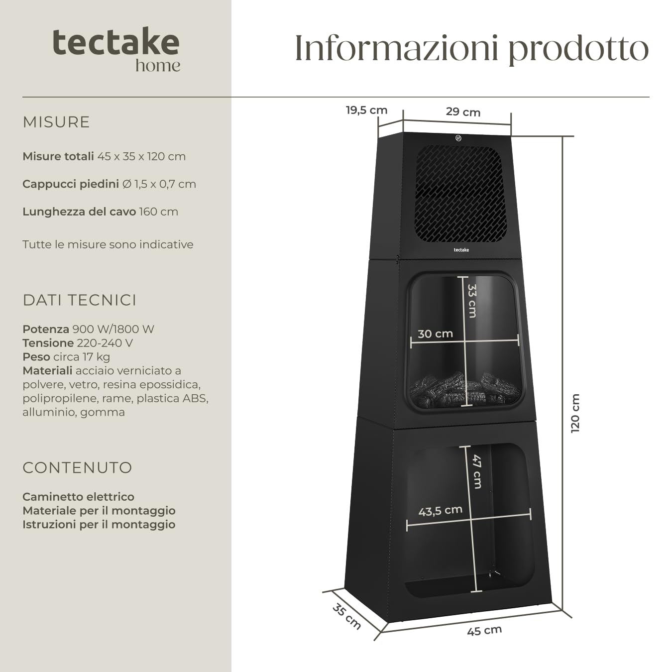 tectake® Caminetto elettrico, 45 x 120 x 35 cm, Camino Elettrico da pavimento, 2 livelli di calore 900/1800 W, termostato, effetto fiamma fuoco finto 3D, riscaldamento regolabile, Stufa Elettrica