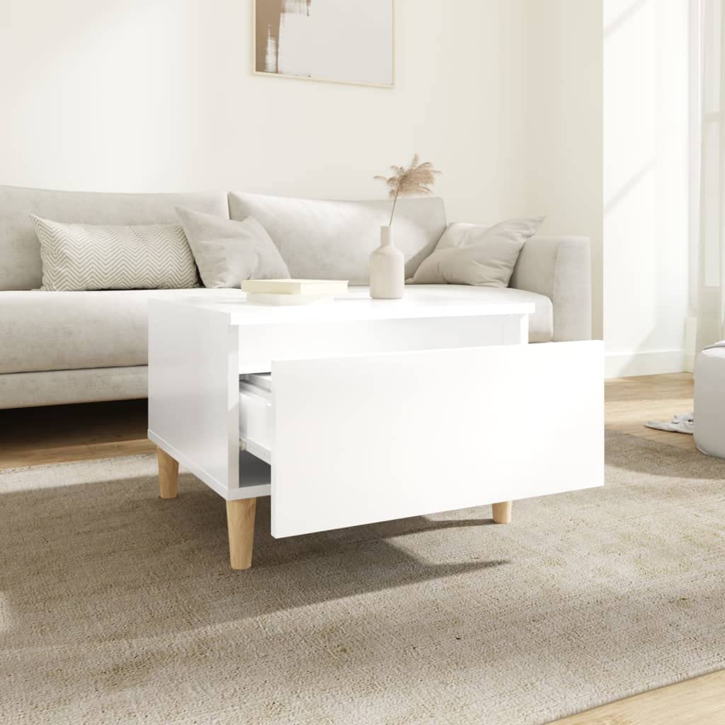 Table d appoint Blanc brillant 50x46x35 cm Bois ingénierie petite table salon moderne scandinave avec tiroir rangement pieds en bois massif meuble d appoint lampe pour salon chambre salle de séjour