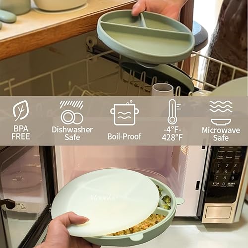 Miniatura 6 de Moonkie Platos de succión para bebé, 100% silicona, sin BPA, con tapas y cubierta para alimentos, diseño dividido, aptos para microondas y