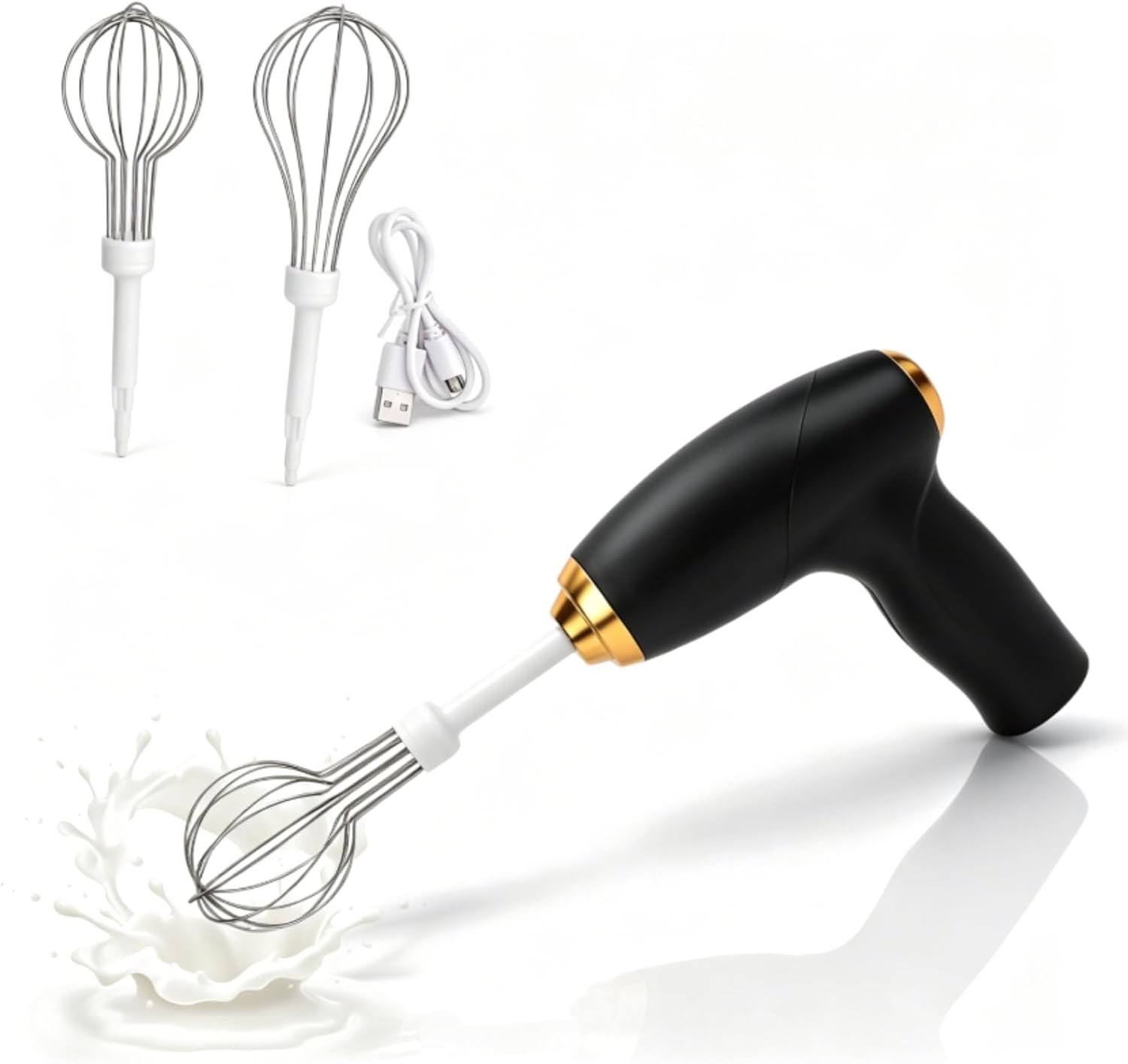 Electric Hand Mixer Whisk, Handheld Electric Whisk Portable Kitchen Hand Mixer USB Rechargeable Egg Beater with 2 Detachable Stirring Heads for Baking Cooking