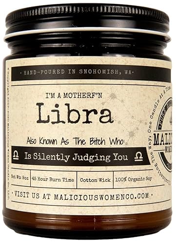 Malicious Women Co - Libra Zodiac Soy Candle, 9oz, Handmade Organic Wax, Exotic Hemp Scent, Astrology Gift for Women, Vegan, Clean Burning, Aromatherapy, Relaxation, Natural Candle, Home Décor