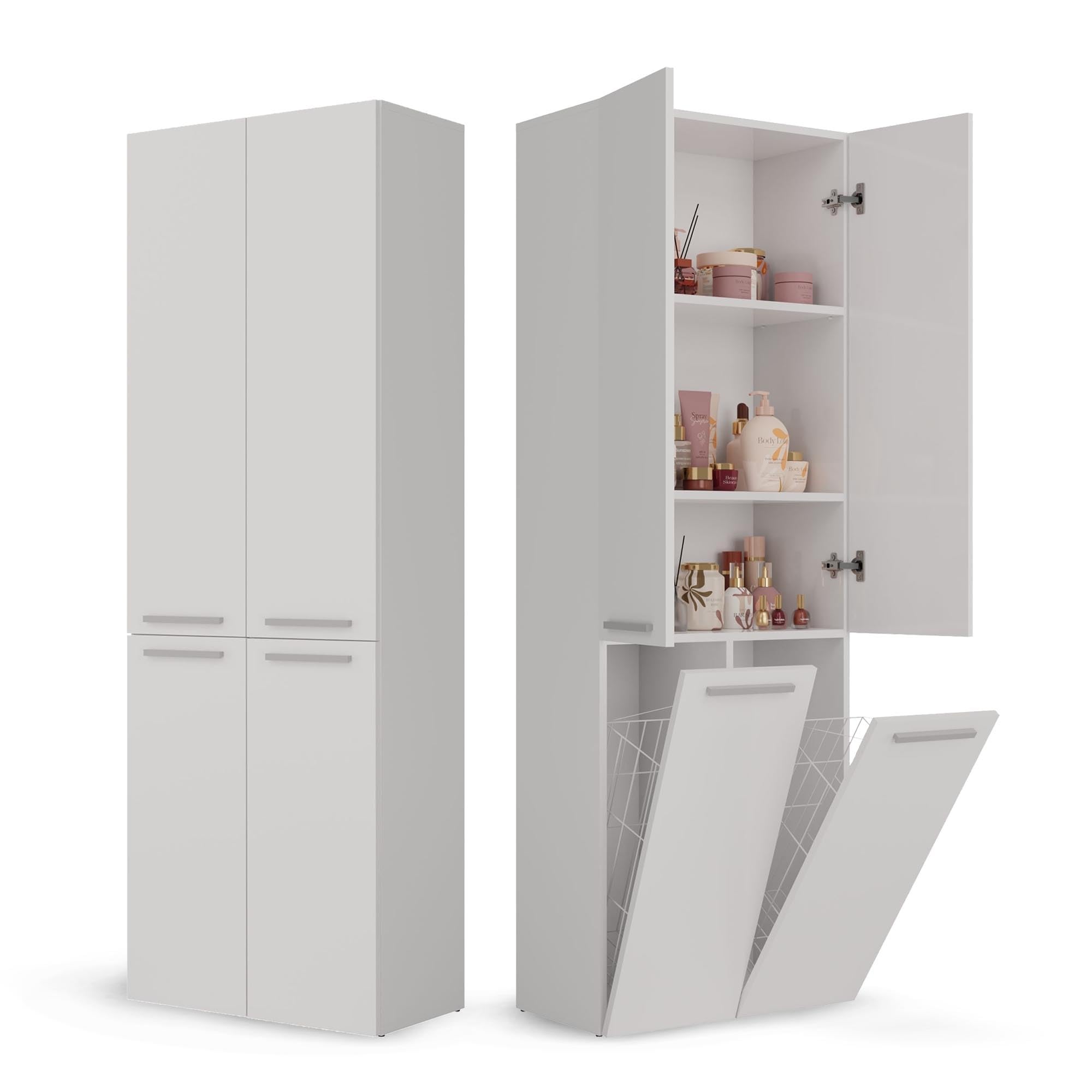 Armoire De Salle De Bain Haute CDF - 4 Portes Avec Panier à Linge Intégré - Design Moderne (174 Cm, Finition Chêne/anthracite)