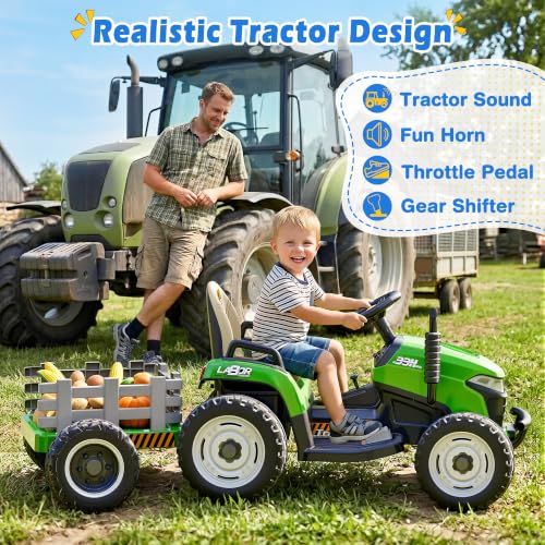 Image of ARBELI 24V Ride On Tractor w /2.4G Remote Control, Tiltable Trailer, Green