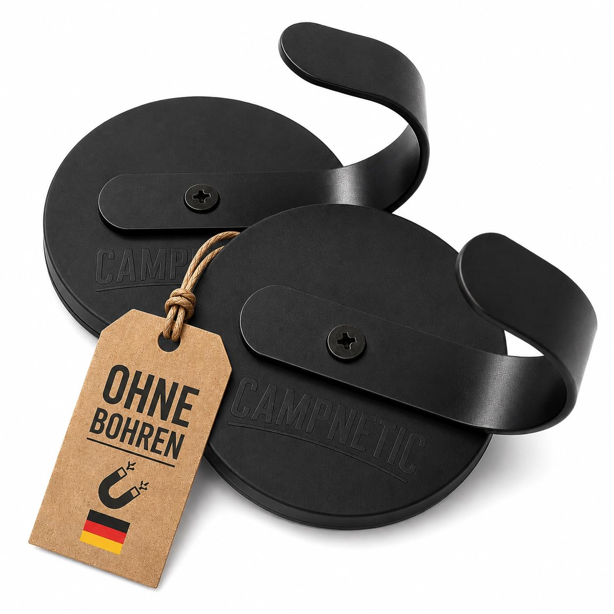 Campnetic magnetische Haken im 2er Set groß - Magnethaken für Kastenwagen, Vanlife, Camping - gummierte Magnet Haken - Camper Zubehör - Offroad Zubehör - Camping Gadget inkl. Aufbewahrungsbeutel