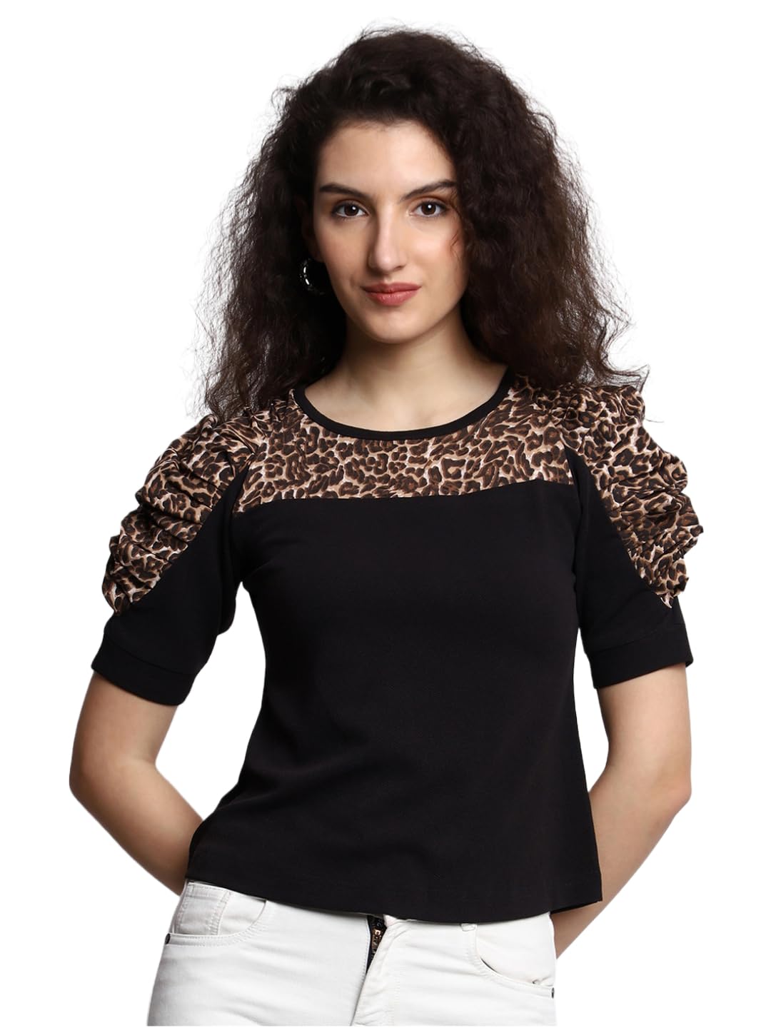 PRETTIFY Womens Black Cheetah Sleeve Top