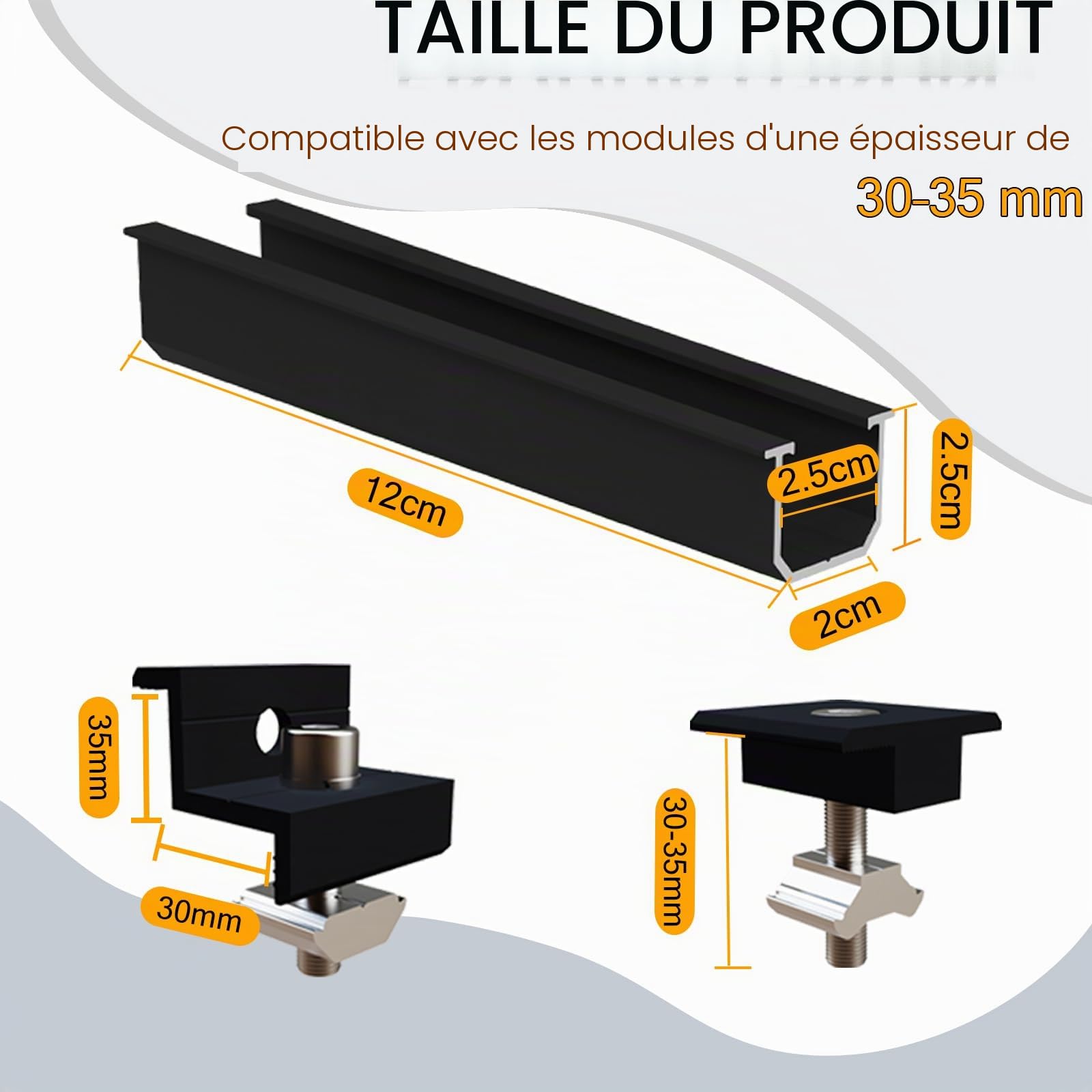 Support de panneau solaire pour 4 modules - Kit de montage PV - Rail noir de 12 cm + pince réglable pour modules de 30 à 35 mm d'épaisseur - Support de panneau solaire en aluminium - Tôle