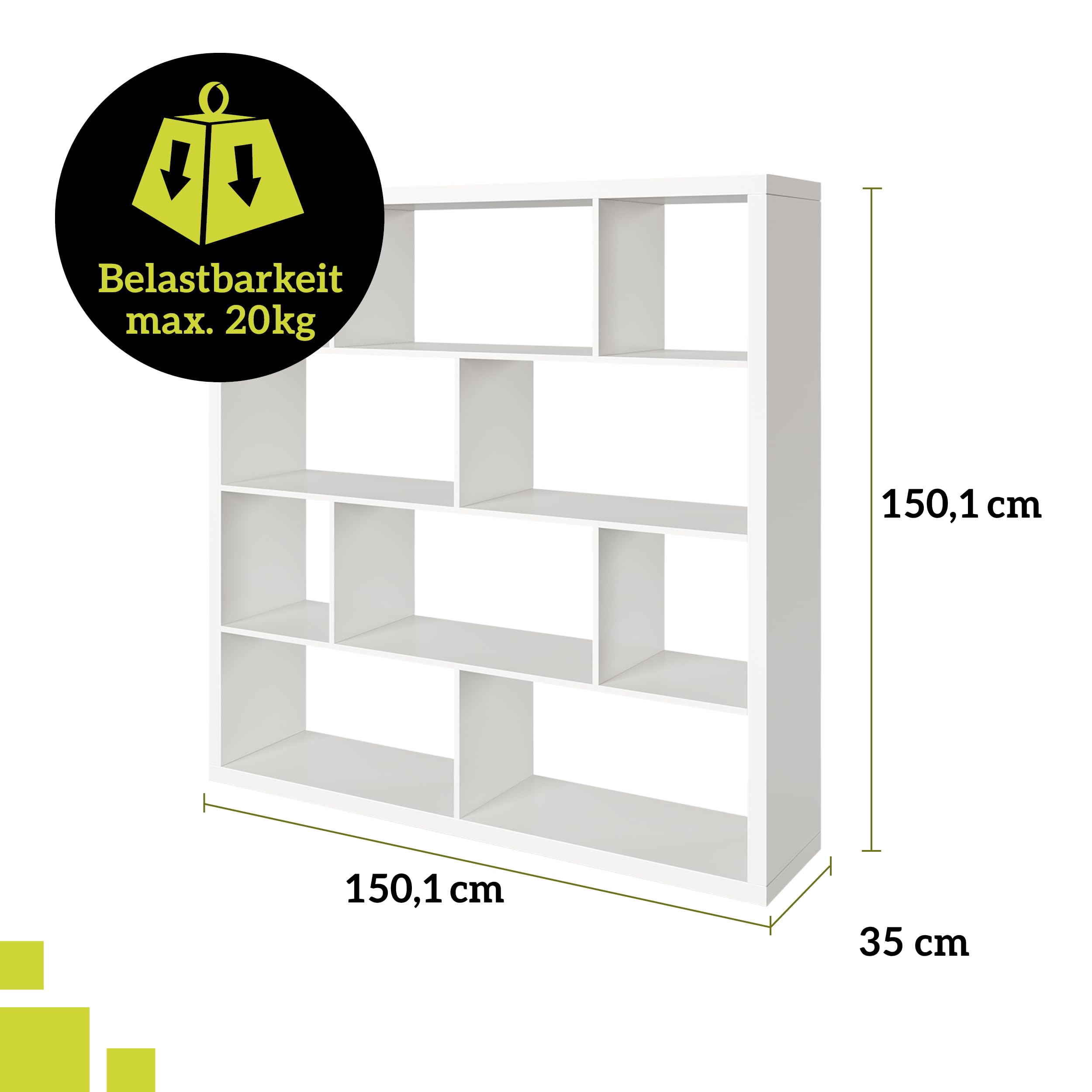 smart Up2U Regal in weiß, Maße: 150,1cm x 150,1cm x 35cm, Standregal aus Holzwerkstoff in weiß matt. Stehregal auch als Raumtrenner, Raumteiler, Bücherregal, Stufenregal nutzbar.