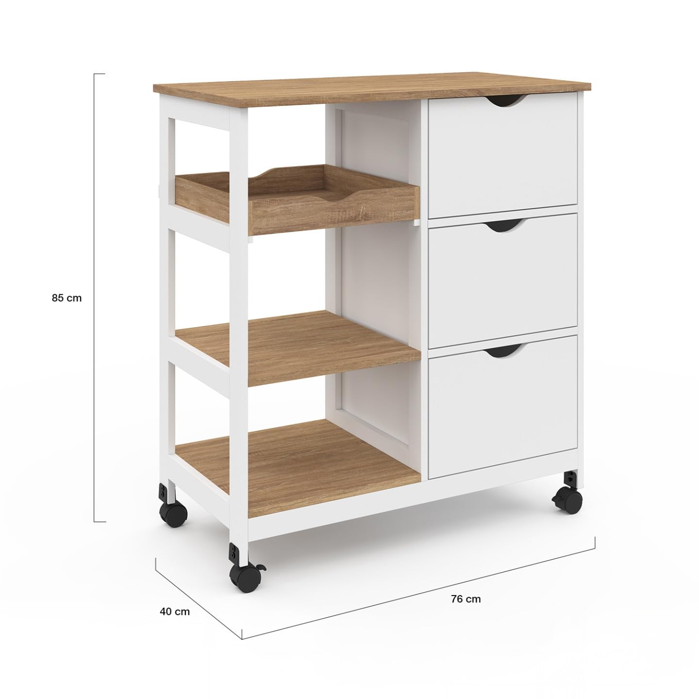 IDMarket - Carrito de cocina MUNA 3 cestas + 1 bandeja extraíble blanca y efecto haya L.76 cm