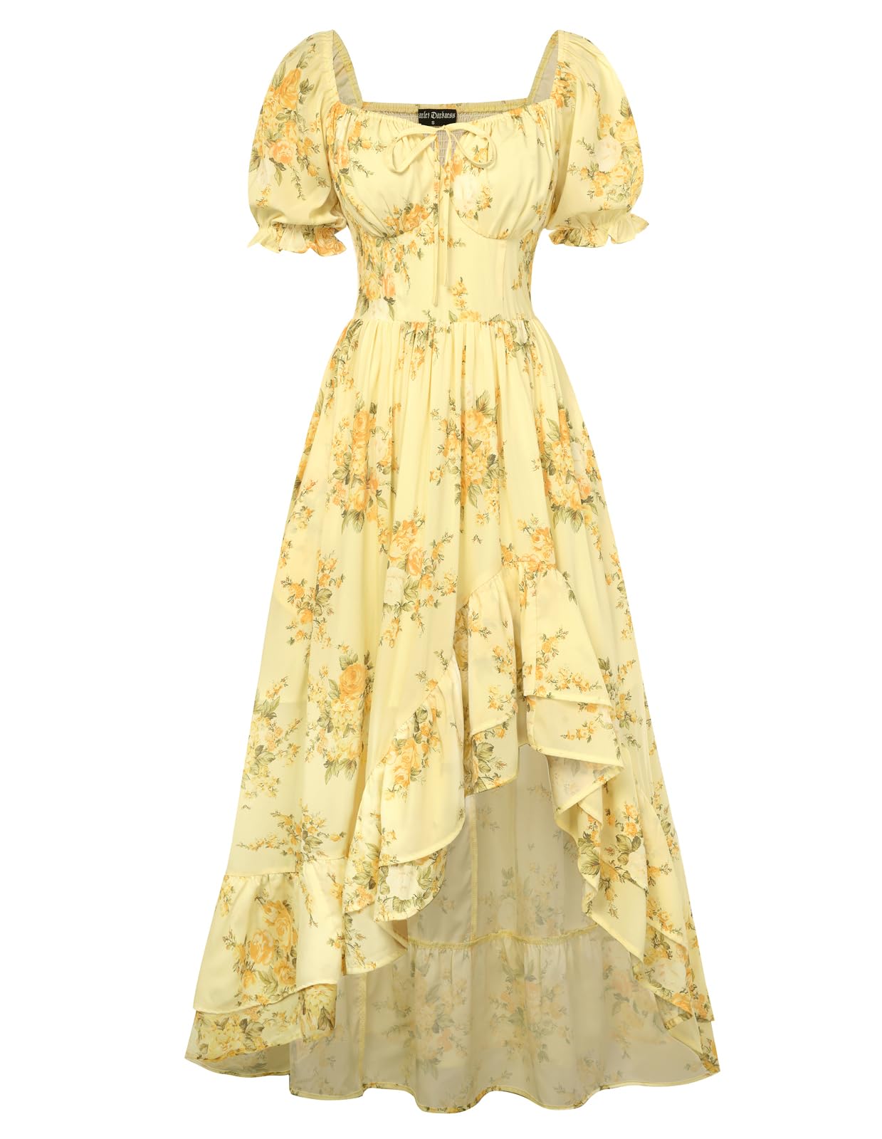 Scarlet Darkness Sommerkleid Damen Viktorianisches A-Linie Blumenkleid Puffärmel Kurzarm mit Rüschen Corsagenkleid Gelbe und Gelbe Blumen XXL
