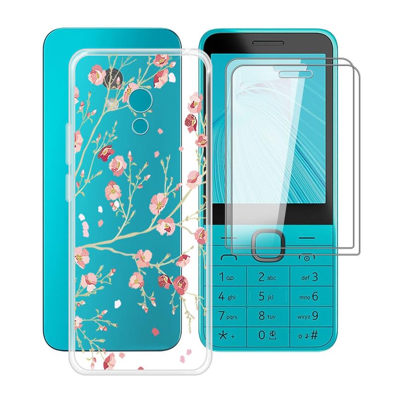 Phone Case for Nokia 235 4G 2024 (2.8") with 2 X Tempered Glass Film, Clear [Anti-Scratch X Shockproof] Soft TPU Bumper Protective Cover for Nokia 235 4G 2024 - Camellia