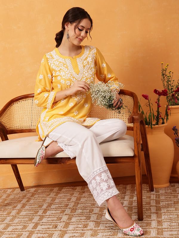 Image of Ada Women's Muslin Straight Fit Tunic Hand Embroidered Lucknowi Chikankari Straight Top Short Kurti A911420