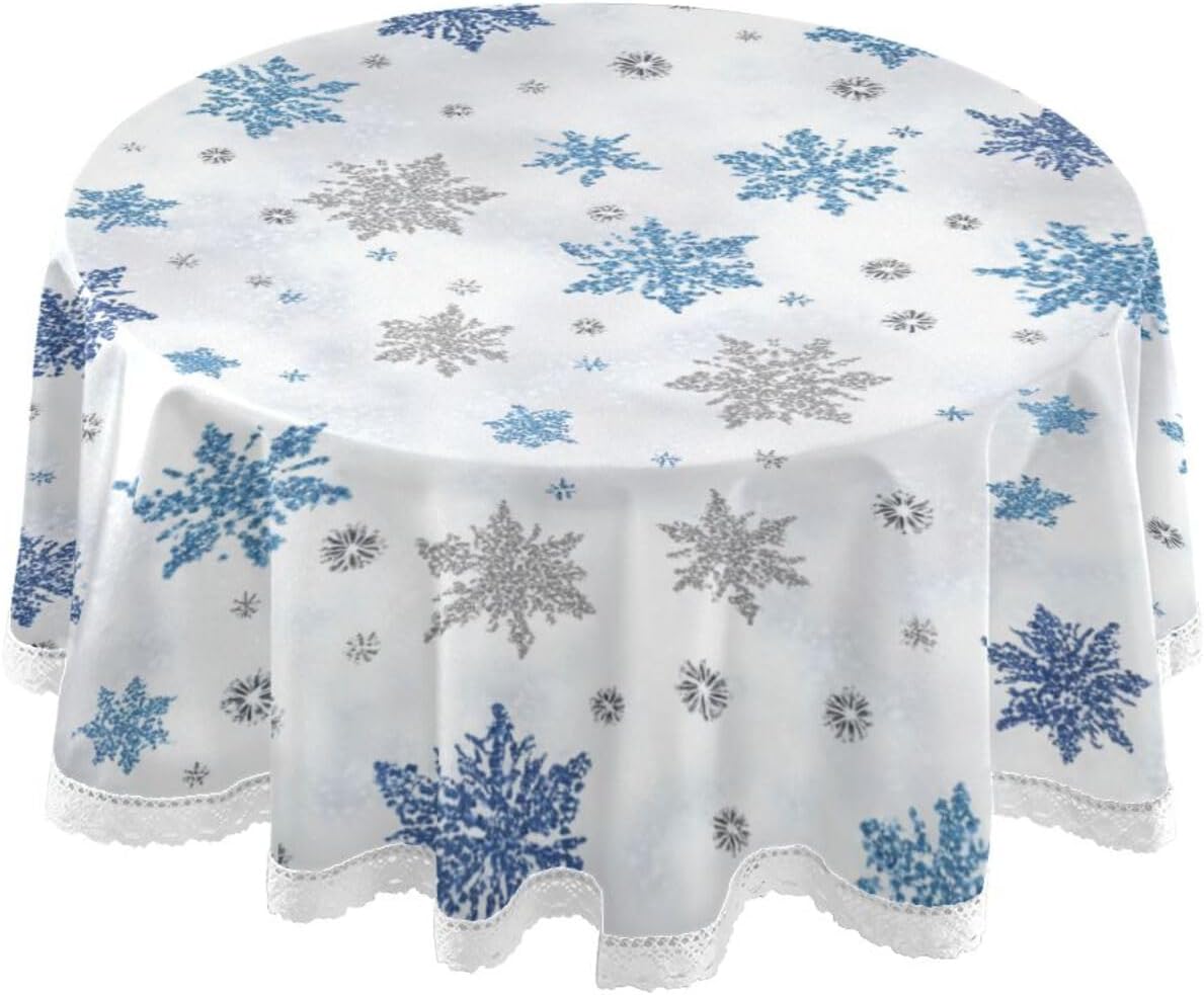 Kcldeci Christmas Snowflake Round Tablecloth 60 Inch New Year Winter Table Cloth Xmas Holiday Table Cover for Kitchen Dining Table, Buffet Party and Camping
