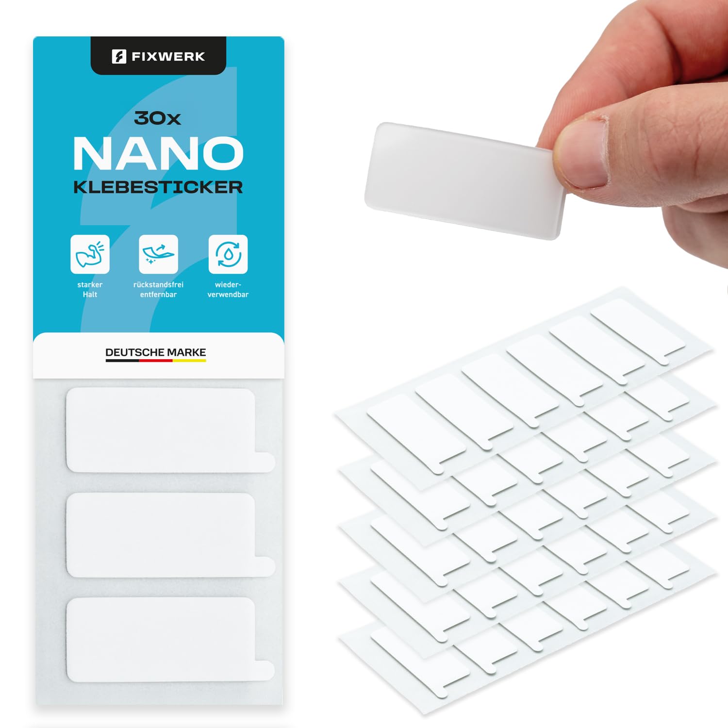 FIXWERK Nano Klebesticker | doppelseitige Klebestripes | extra starke Nano Aufkleber | rechteckige Klebepads | wiederverwendbar | wasserfest | transparent (4,5cm x 2cm x 1mm)
