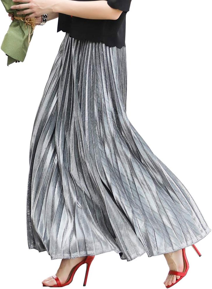 Xinqiao Women’s Metallic Shiny Elastic High Waist Pleated Long Maxi Party Skirt Xinqiao Women’s Metallic Shiny Elastic High Waist Pleated Long Maxi Party Skirt