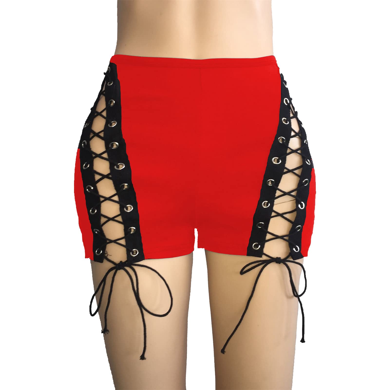 Women Mid Rise Side Straps Shorts Stretch Casual Denim Booty Hot Shorts Grommet Eyelet Lace Up Front Shorts (Small,Red)