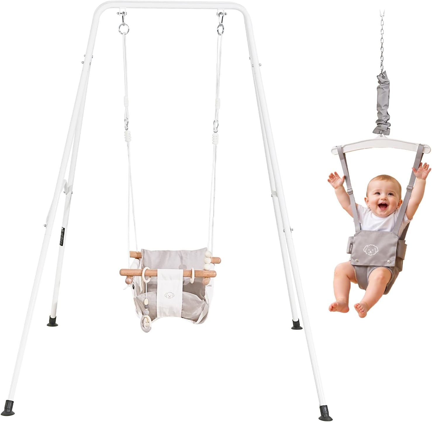 VEVOR Toddler Swing and Jumper, 2 in 1 Swing Set and Bouncer, Soft Cushion with Foldable A-Frame Metal Stand, Heavy-Duty Thick Ropes, Easy to Install and Store, for Indoor or Outdoor Play, Gray