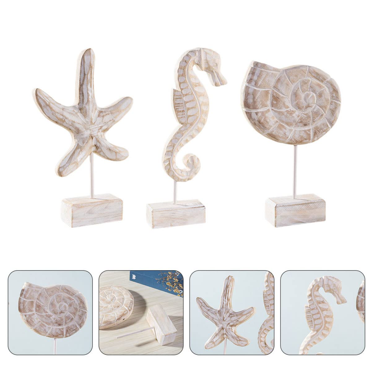 PRETYZOOM Decoración Náutica Mediterránea de Madera, 3 Piezas Figura de Mar, Caballito de Mar y Caracola para Mesa y Dormitorio
