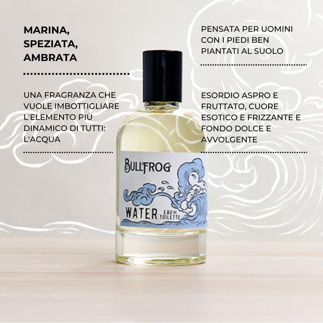 Bullfrog Eau de Toilette Elements: Water 100ml - Profumo da Uomo - Note di Zenzero, Pepe Verde, Cardamono, Salvia, Basilico Nero, Patchouli, Legno di Sequoia e Ambra - Made in Italy