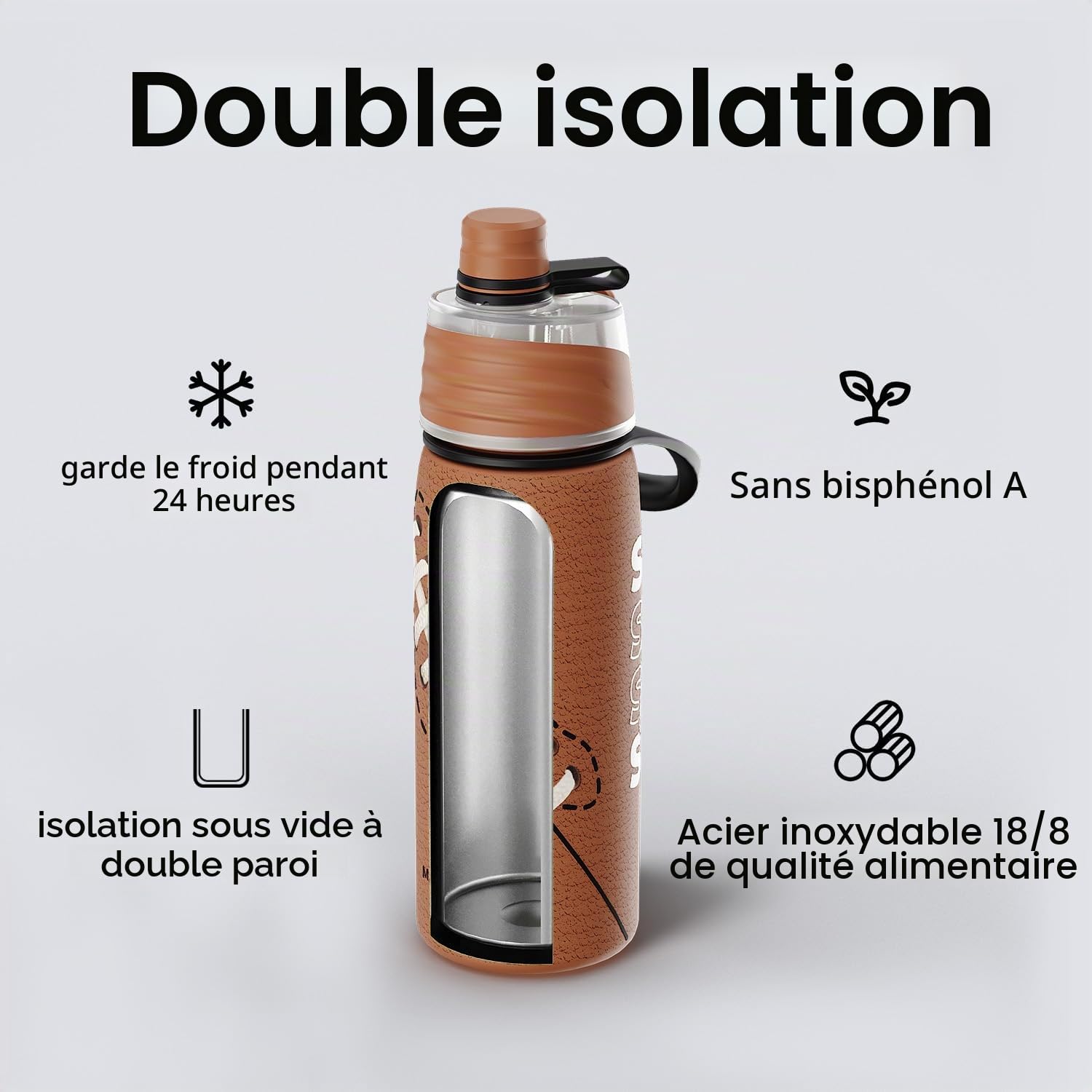 magcheer 600ml Gourde Rugby Enfant | Gourde Brumisateur Inox avec Texture 3D | Rafraîchissement Instantané | Sans BPA | Anti-fuite Bouteille Sport | Cadeau Rugby Enfant