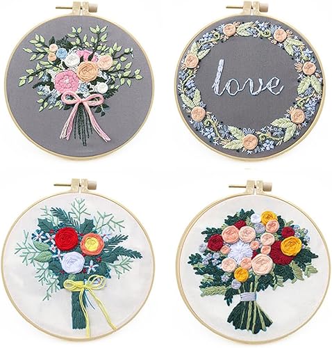 Miniatura 9 de ikasus Kit de bordado para principiantes, manualidades, flores, práctico, costura, incluye ropa bordada con patrón, aros, instrucciones, hilo de