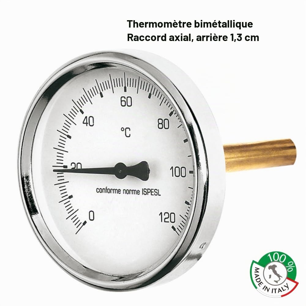 Schläfer 0930170 | Thermomètre bimétallique avec gaine, raccord fond du boîtier en acier inoxydable, immersion axiale 1/2 » échelle 0-120 °C » Boîtier multifonction 63 mm
