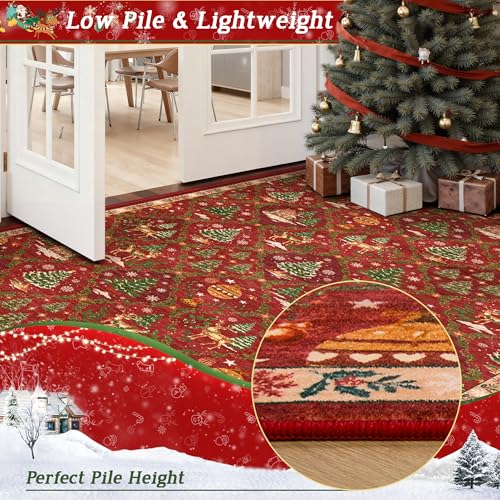 Madane Christmas Runner Rugs for Hallway 2x10 Long, Washable Non-Slip Red Hallway Rug Low-Pile Stair Kitchen Runner Soft Holiday Decor Throw Carpet for Entrance Living Dining Laundry Room