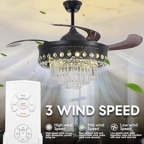 Miniatura 10 de LUOLAX Candelabro de techo de cristal moderno de 42 pulgadas y control remoto, 3 colores y 3 velocidades de cambio, lámpara LED retráctil para sala
