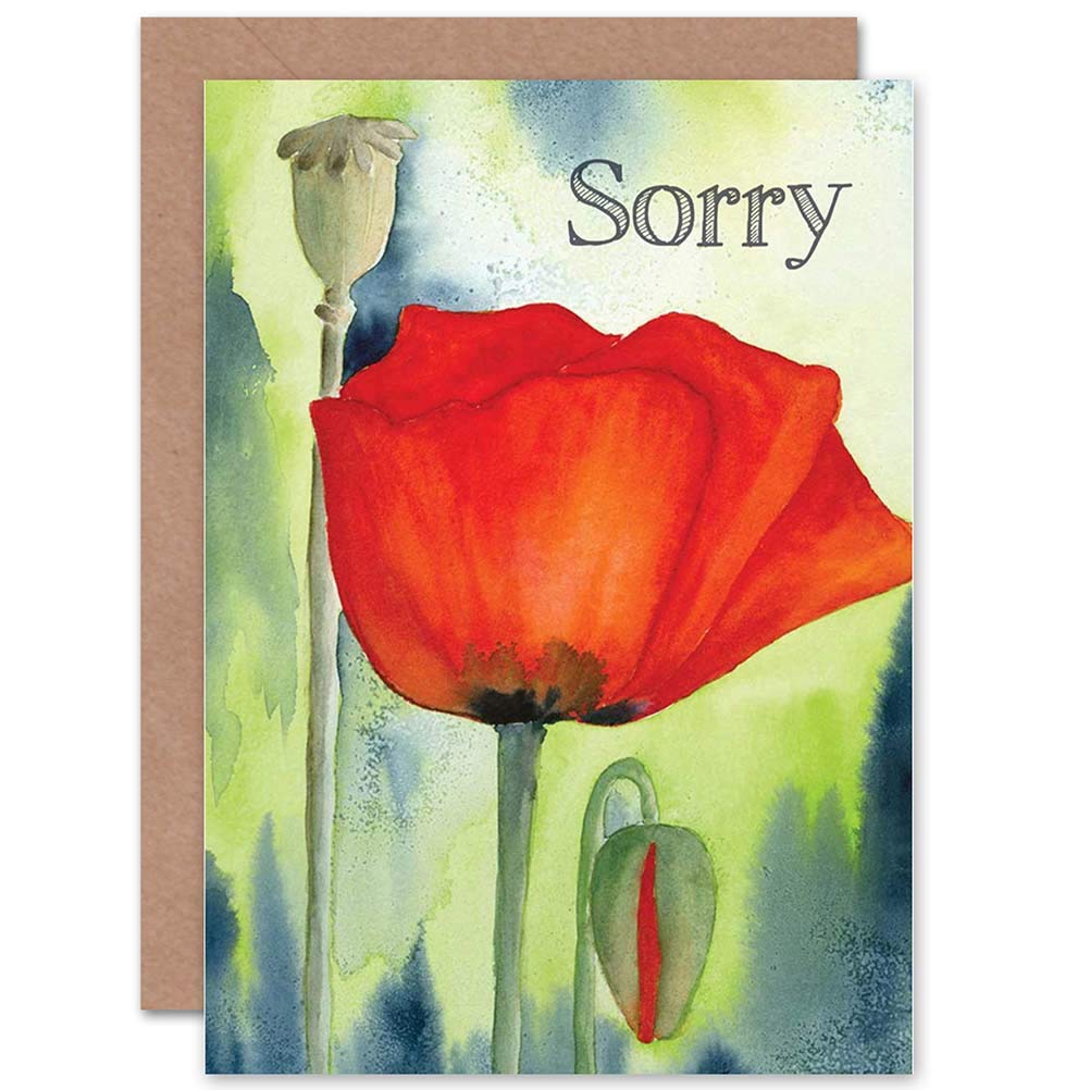 Wee Blue Coo SORRY POPPY FLOWER PAINTING WATERCOLOUR RED BLANK GREETINGS CARD