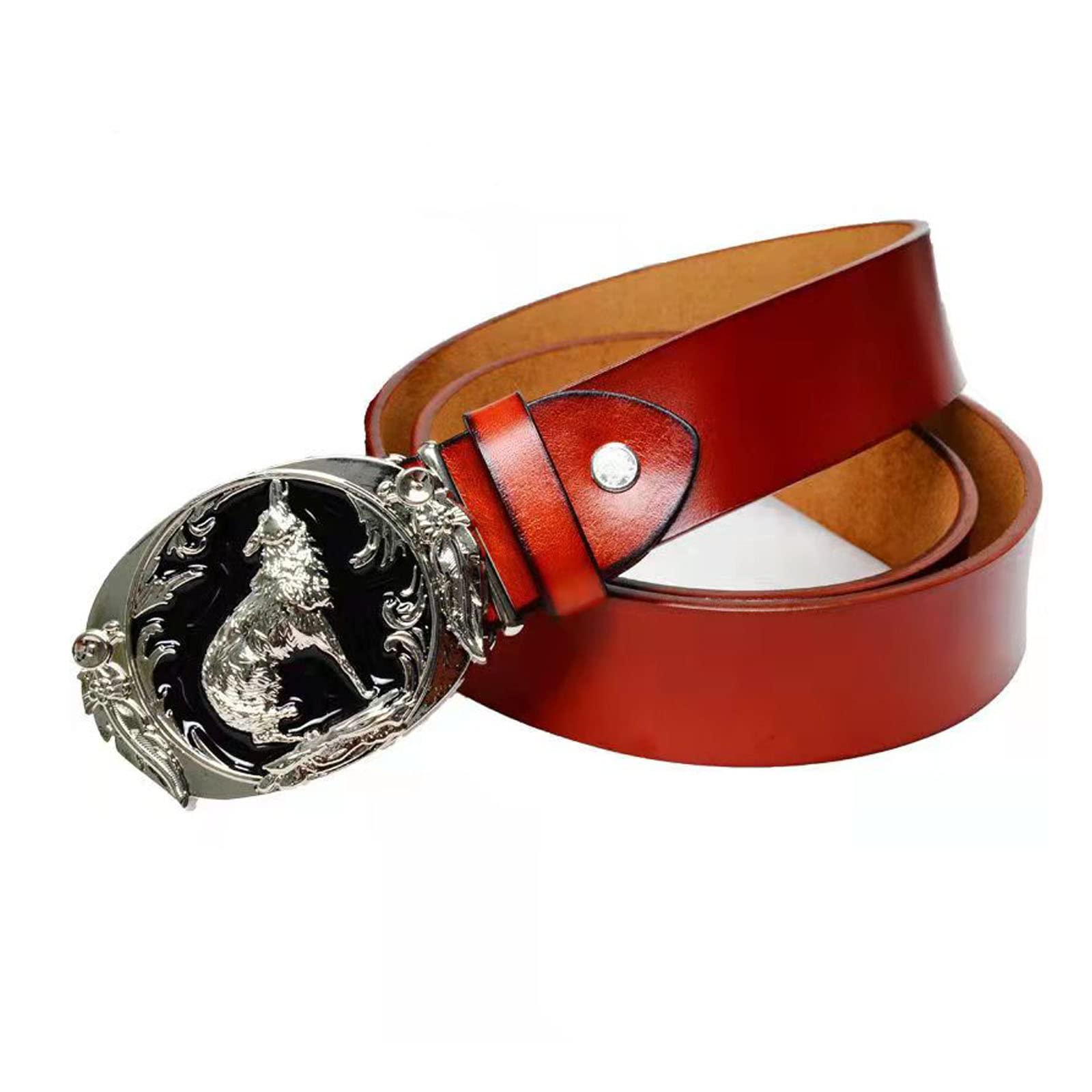 RGWYGCG Belt Men,Western Denim Belt, Animal Wolf Buckle Leather Belt Jeans Knight Metal Buckle Belt,Yellow,120CM/47.3''