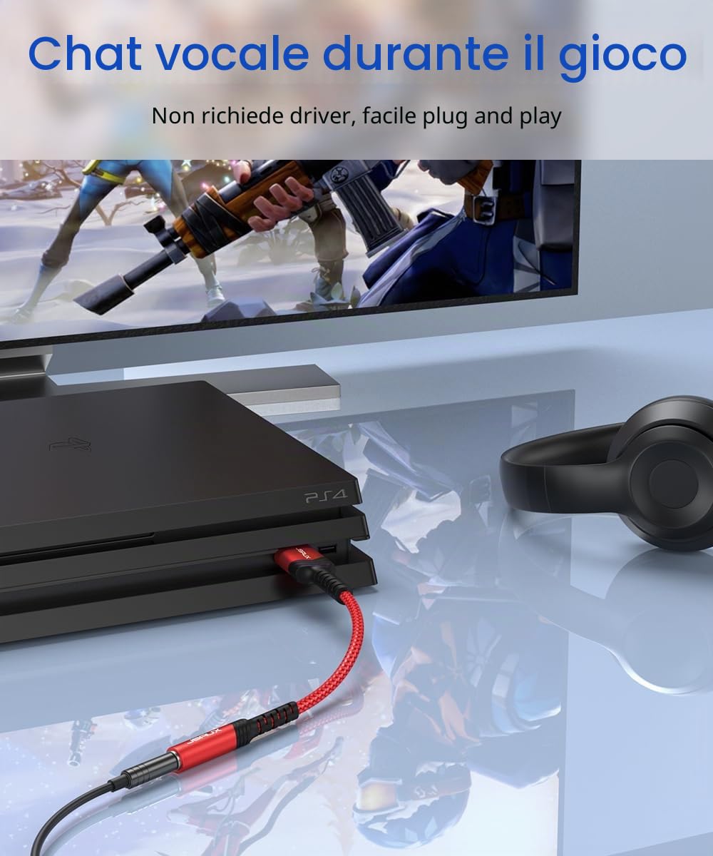 JSAUX Adattatore Audio da USB a Jack 3,5 mm, Scheda Audio Esterna Adattatore USB A a Jack TRRS a 4 poli, Adattatore per Cuffie e Microfono Compatibile con Mac, Linux, PS4, PS5, PC, laptop-rosso