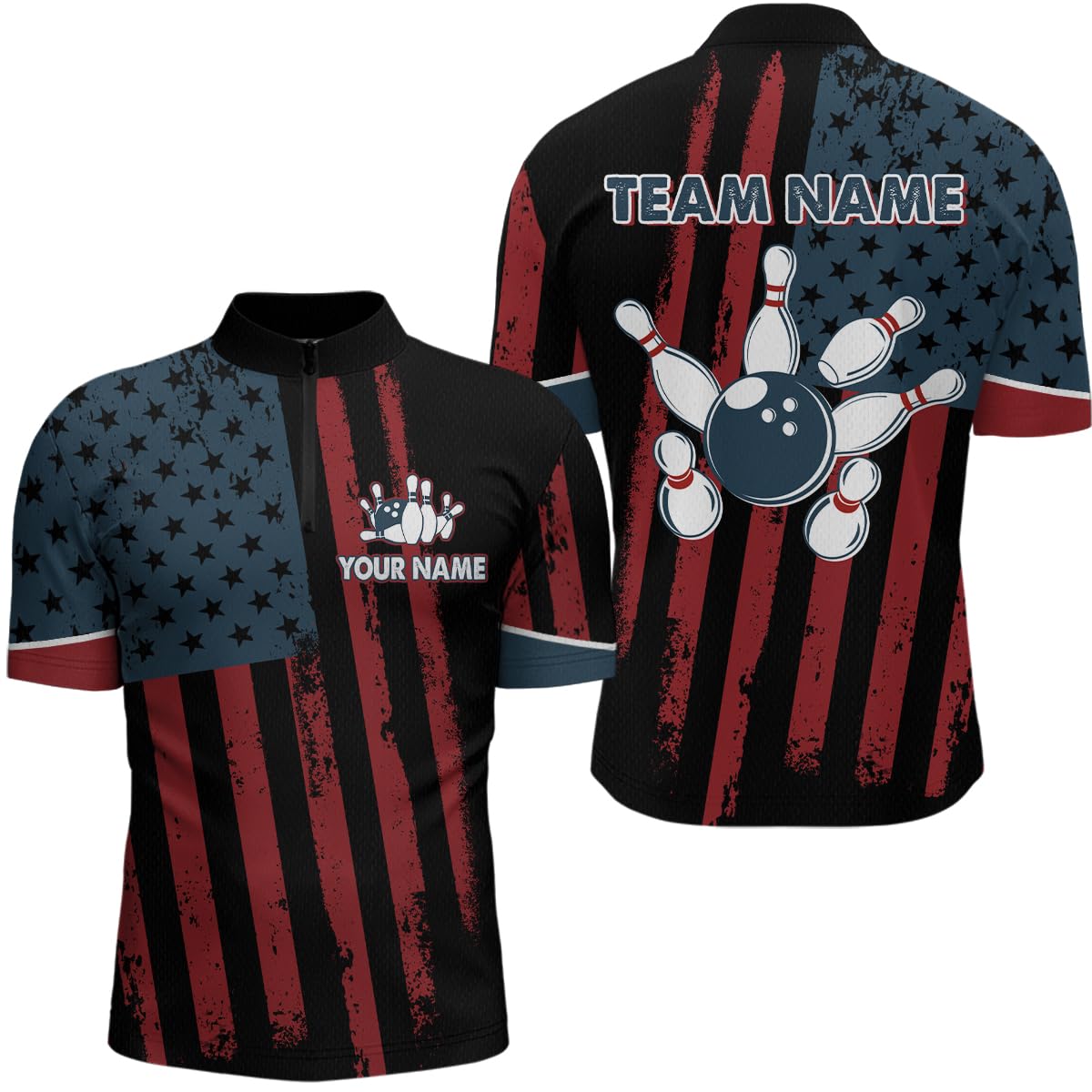 PIONAMZIOZ Personalized American Bowling Shirt for Men Women Patriotic Bowling Jersey Unisex Polo&Quarter-Zip Bowling Outfit (US, Alpha, Small, 5X-Large, Regular, Regular, Women Quarter-Zip)