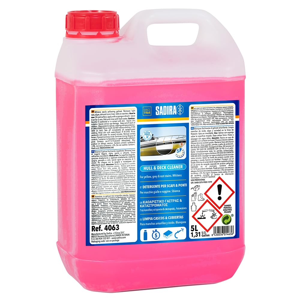 SADIRA | Limpia Cascos y Cubiertas 5L. | Limpiador para Barcos | Elimina Manchas Amarillas de óxido y Grises | Limpia Linea de flotación | Blanqueador eficaz