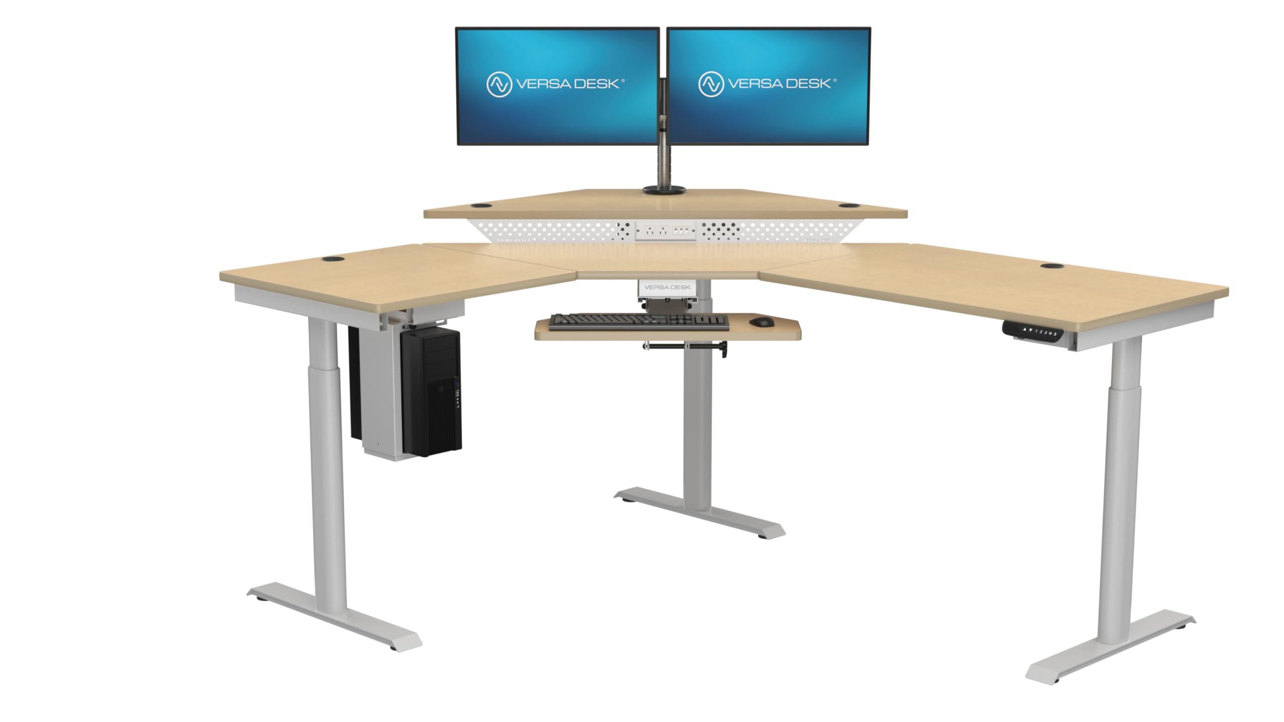 VERSADESK 60" x 72" Electric L-Shaped Corner Standing Desk, Commercial Grade Height Adjustable Sit Stand Workstation, Ergonomic Computer Desk for Home Office, White Frame, Maple Surface