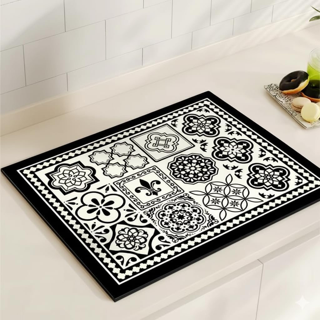 Water Absorbent Dish Drying Mat for Kitchen Utensils | Non-Slip Black & White Kitchen Counter Mat for Glassware & Tableware | Washer & Dryer Kitchen Countertop Protector for Daily Use-image-37