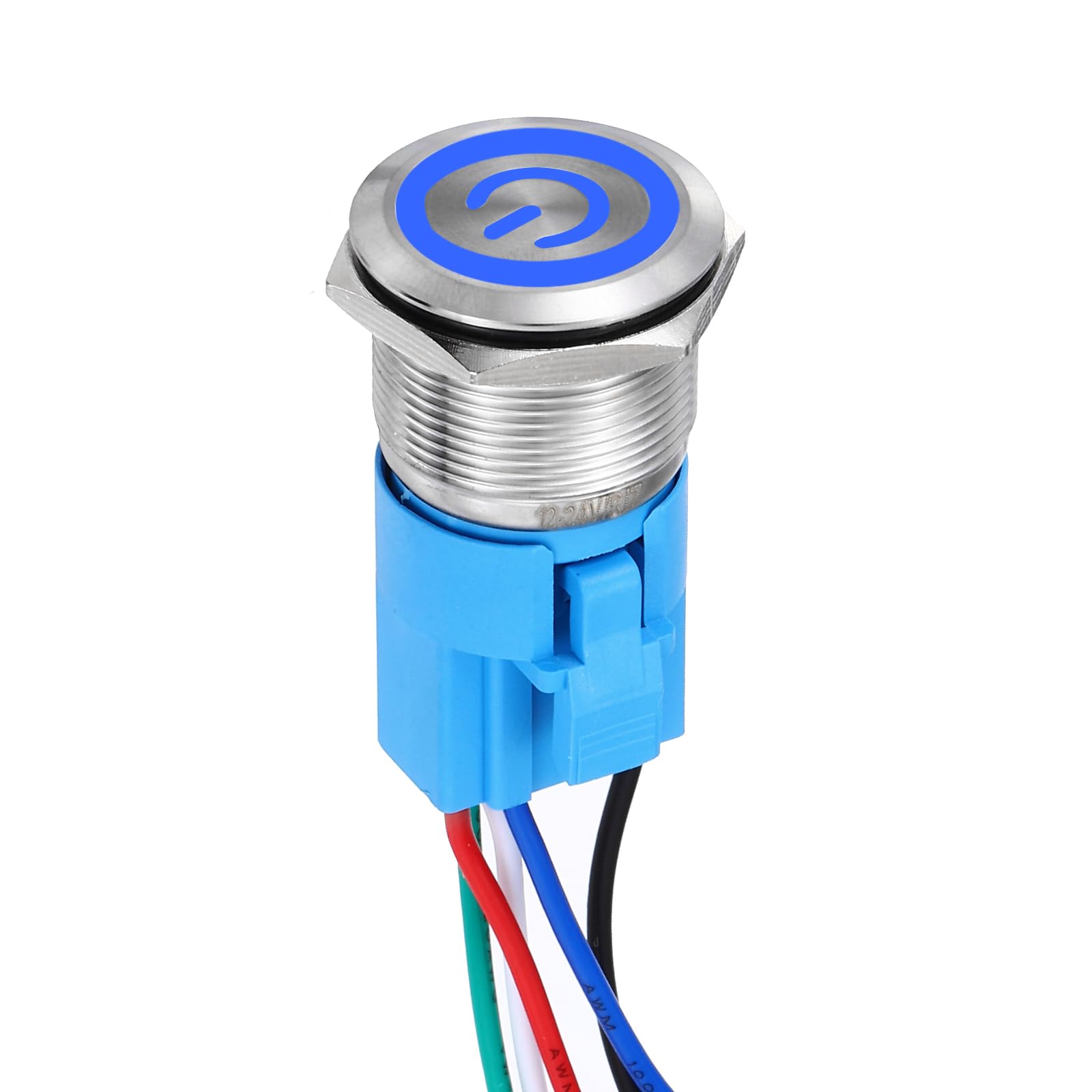 DMiotech 1 Pcs 7/8" Stainless steel Latching Push Button Switch 5Pin 1NO1NC 5A 12-24V Silver Flat Button Blue Button Lamp with Socket Plug with Wire for Car Boat Systems