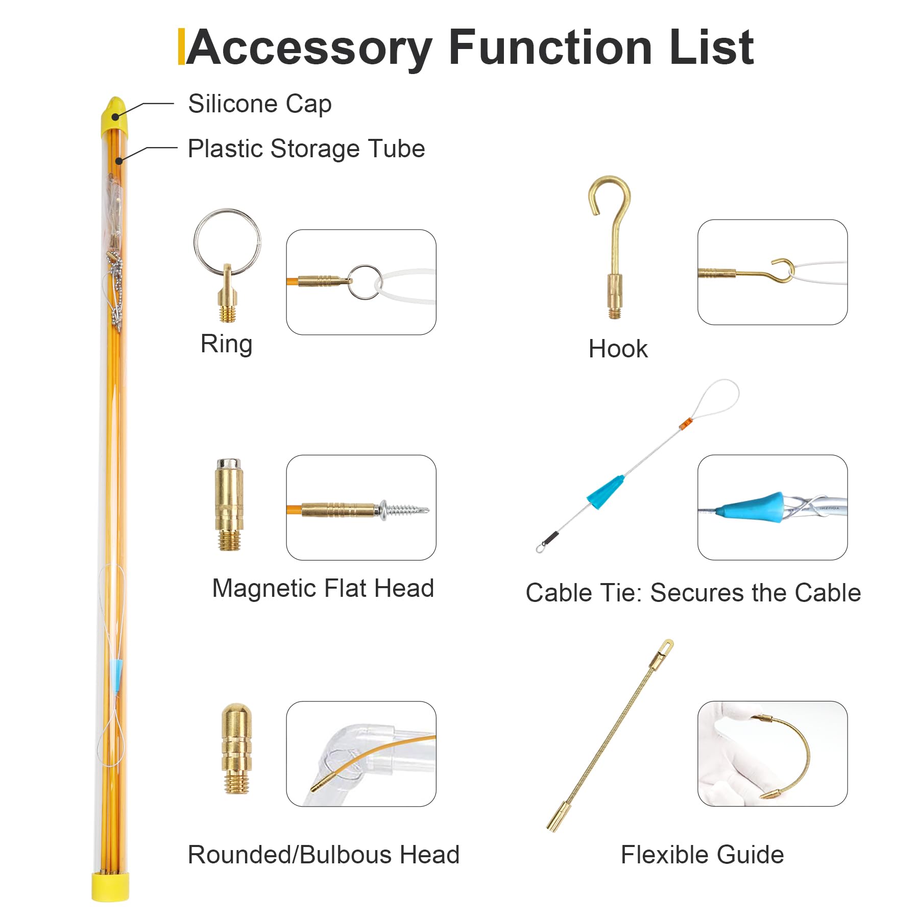 Professionelles Glasfaser-Einfädelset, 100 cm*10, mit 9 teiligem Zubehörset, geeignet für elektrische Installationen, Elektriker-Kabelziehstange, anwendbar bei Decken, Dachbodenverkabelung.