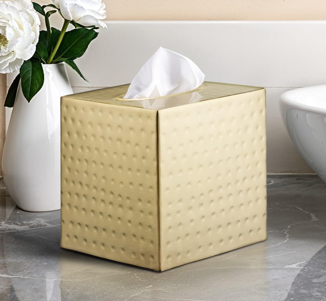 Monarch Abode Tissue Box Cover Square – Hand Hammered Brushed Gold Metal Tissue Holder Box for Bathroom Accessory, Aesthetic Decorative Facial Napkin Cube for Modern Home Decor