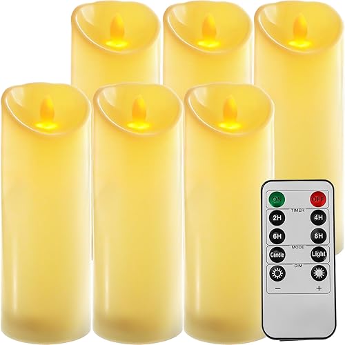 6 velas sin llama de 3 x 8 pulgadas, funcionan con pilas, impermeables, LED, con control remoto y temporizador, parpadeantes, grandes, de plástico,
