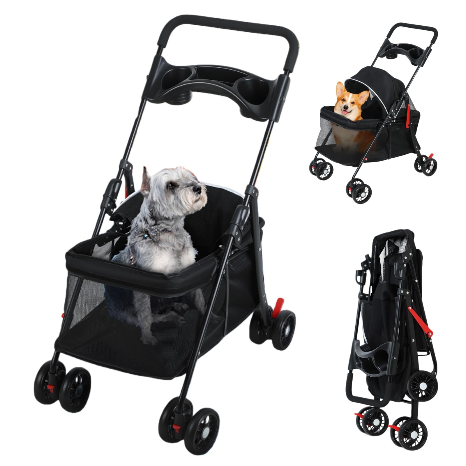 Pet Stroller-Dog and Cat Stroller with 180 Degree Adjustable Canopy, Dog Pushchair with Cup Holder, Folding Cat Pram for Medium Dogs,Cats Loads Up to 20KG