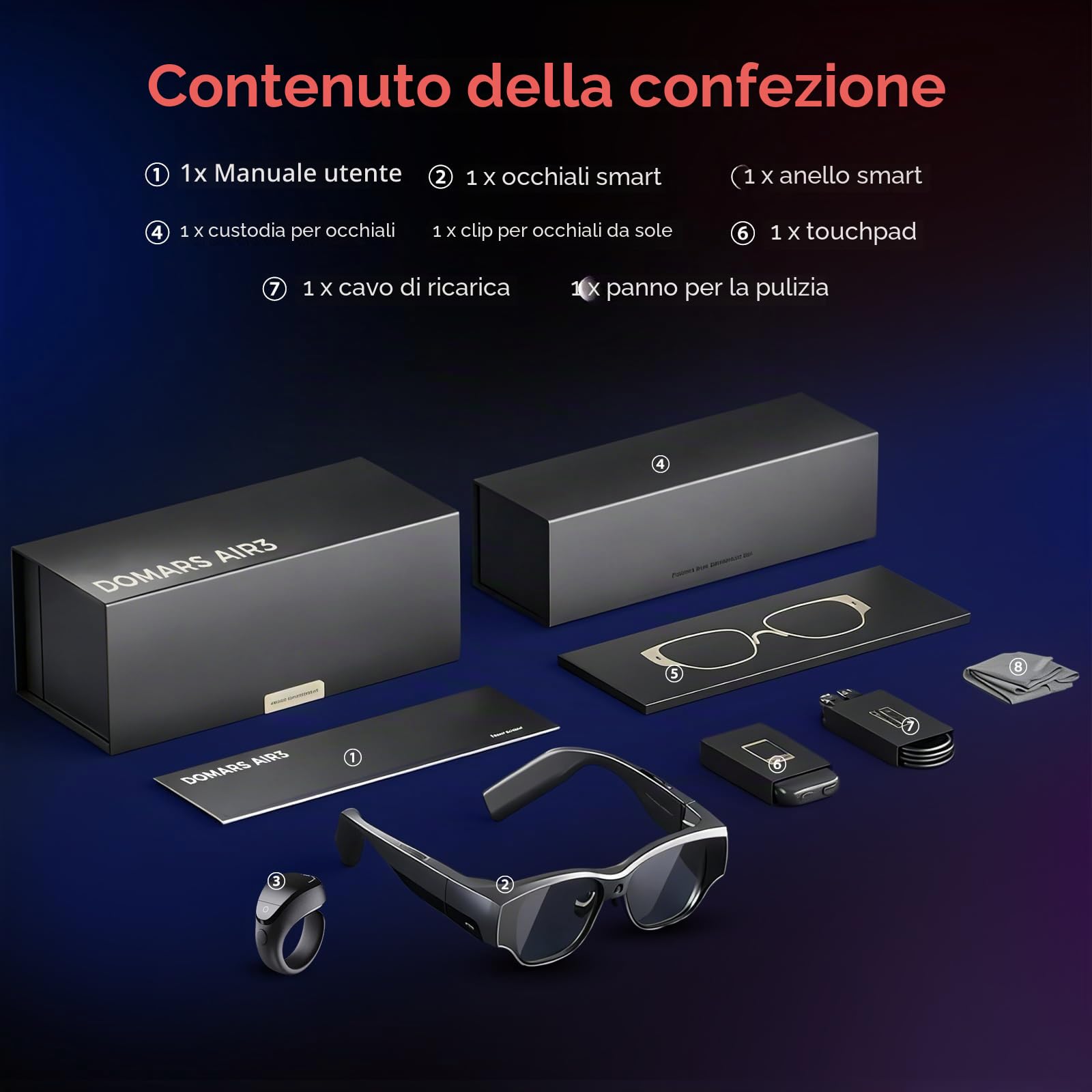 Occhiali Intelligente AR con Display,Schermo Virtuale Micro-OLED da 1080p e 150 Pollici,Occhiali Intelligenti con IA Schermo Integrato,Bluetooth per Gaming,Video da Uomo Donna (senza anello)