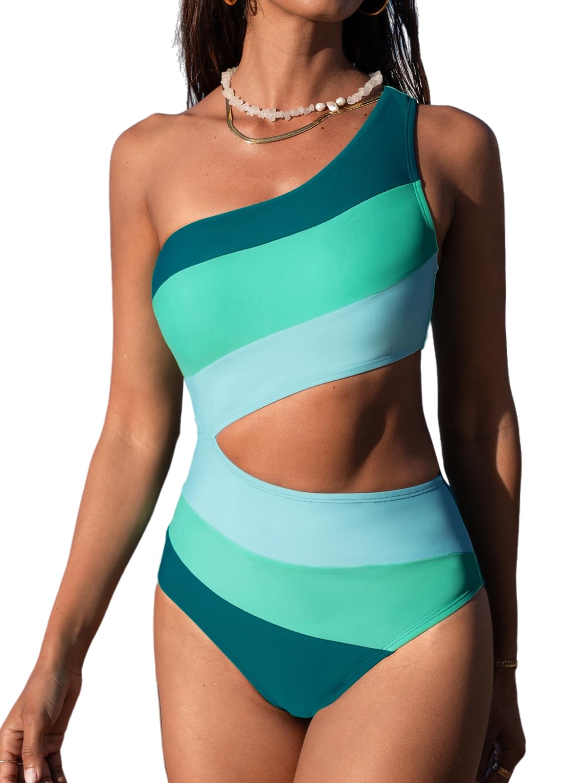 CUPSHE Damen Badeanzug Eine Schulter Farbverlauf Colorblock Asymmetrische Zierausschnitte Einteilige Bademode Swimsuit