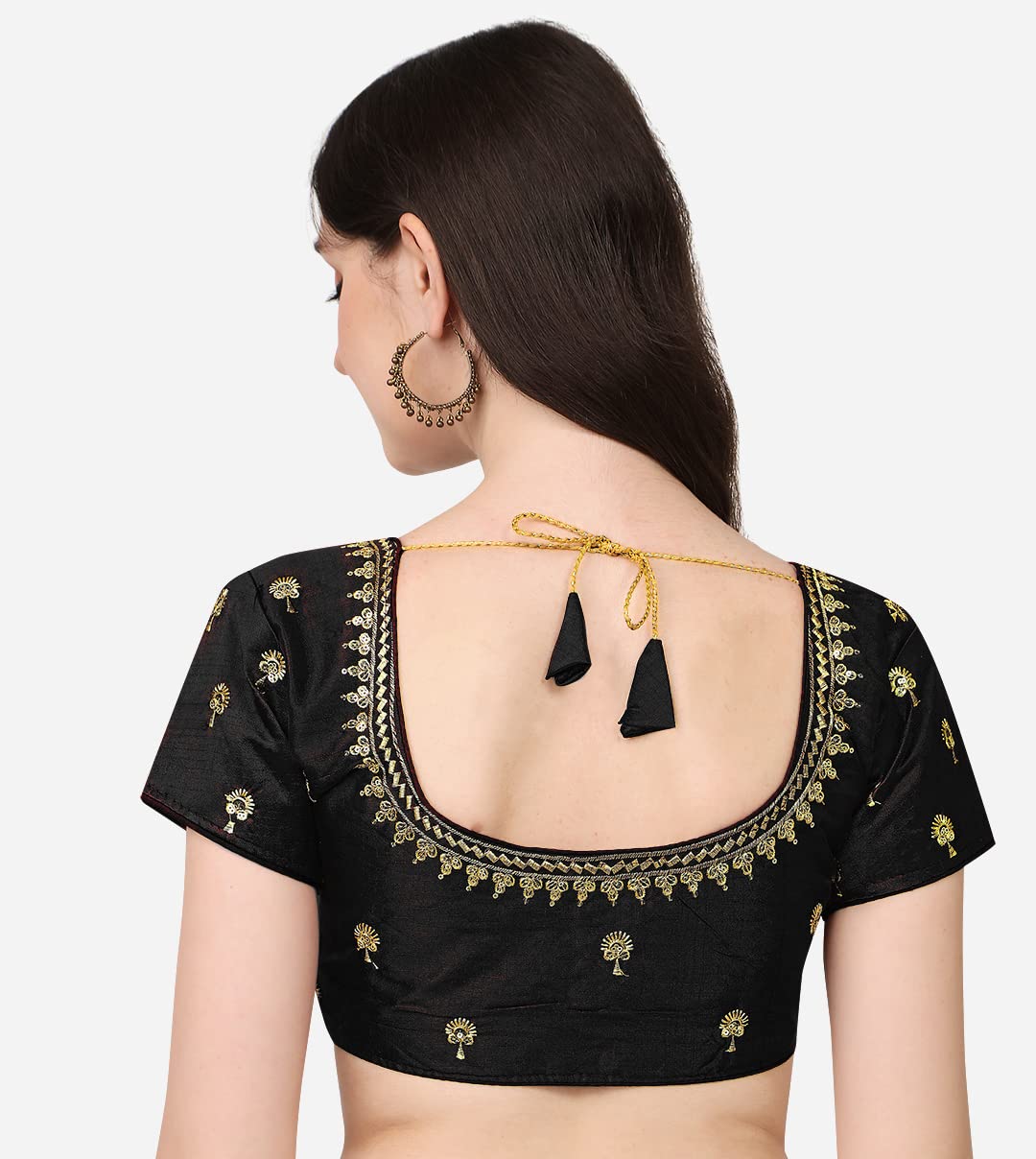 Pujia Mills Women's Phantom Silk Floral Half Sleeve Saree Blouse (Kajalll2L Blouse_Black_38 Size+Margin)
