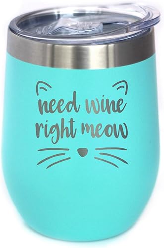 Bevvee Need Wine Right Meow - Vaso de vino de gato con tapa deslizante, vaso aislado de acero inoxidable sin tallo, regalos divertidos y bonitos,