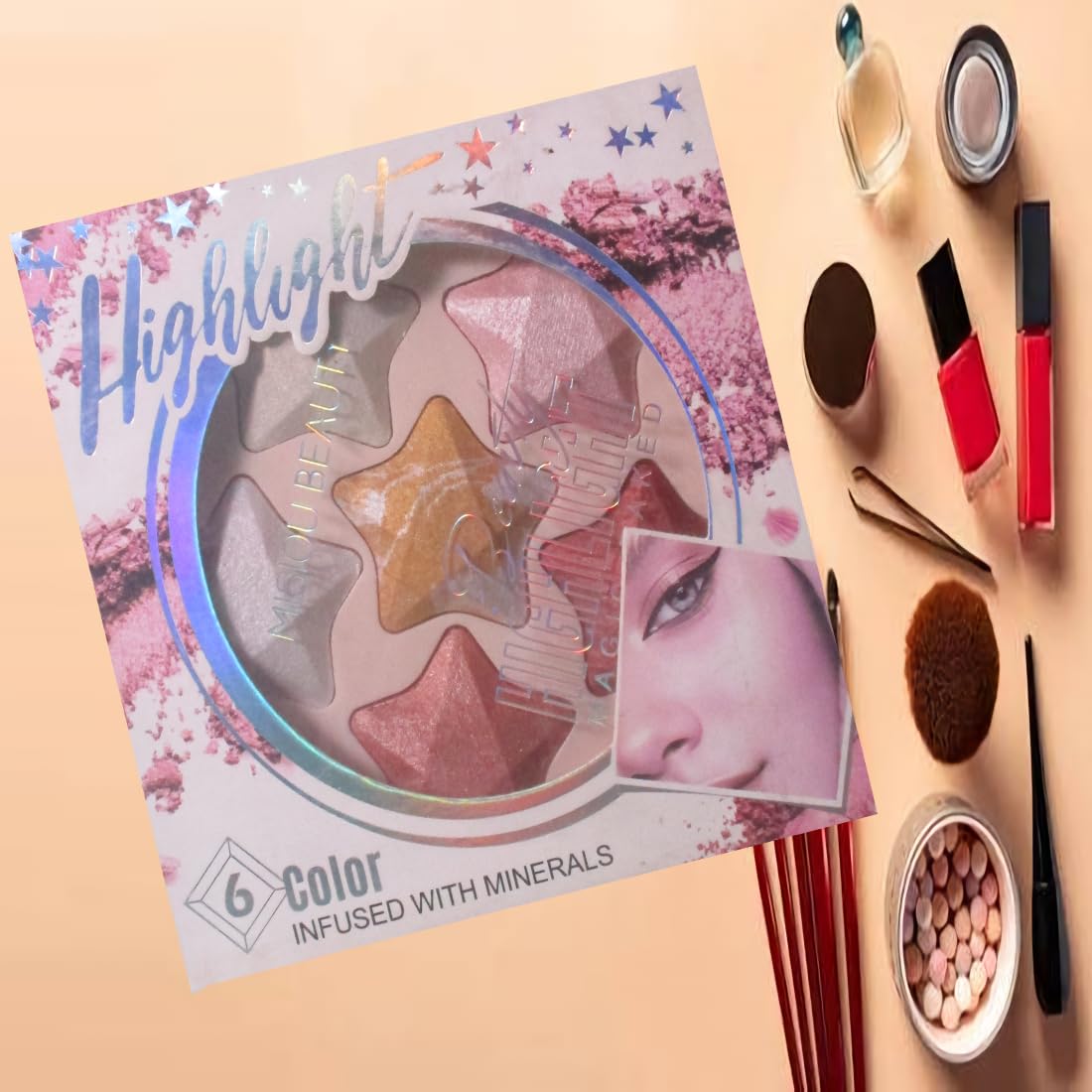Magic Baked Highlight Makeup Palette 6 Colour with Minerals | Star-Shaped Pans, Built-in Mirror, 17 x 16 cm Compact, Shimmer Finish, Travel-Friendly-image-38