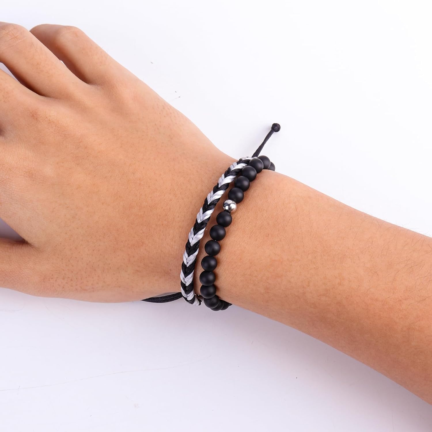 Black Beaded Bracelets for Men Boys: 6mm Obsidian Onyx Lava Beads Mens Bracelet Set Mens Jewelry - Cool Anniversary Valentines Fathers Birthday Gifts for Him Boyfriend Husband Man Son Dad - Image 3