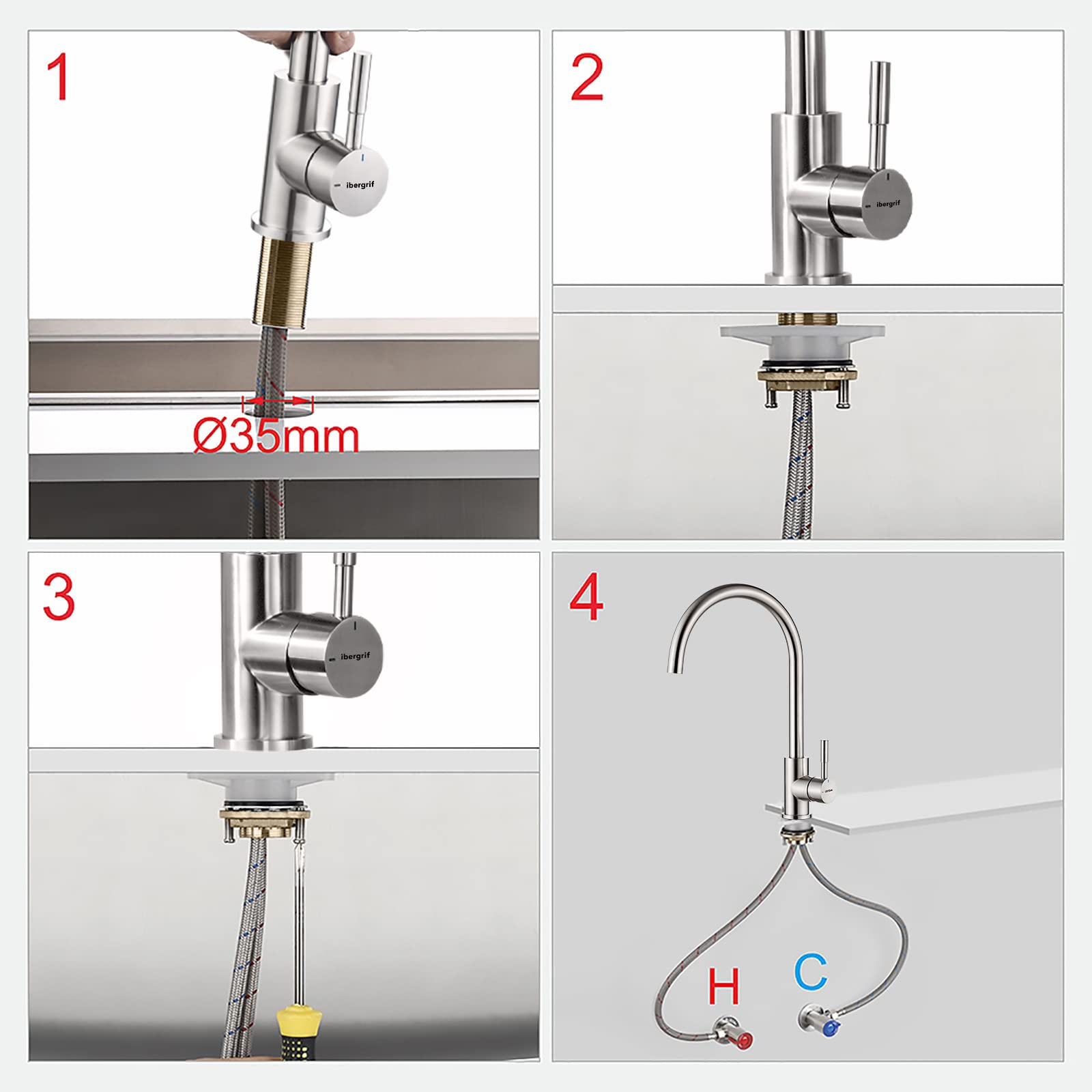Ibergrif M22110, Mitigeur d'évier avec Bec Haut, Robinet de Cuisine, Inox, Gris