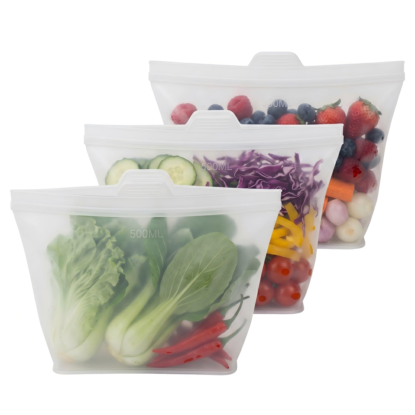 Sacchetti per alimenti in silicone, 3 pezzi, riutilizzabili, per microonde e congelatore, comodi da usare, design ecologico