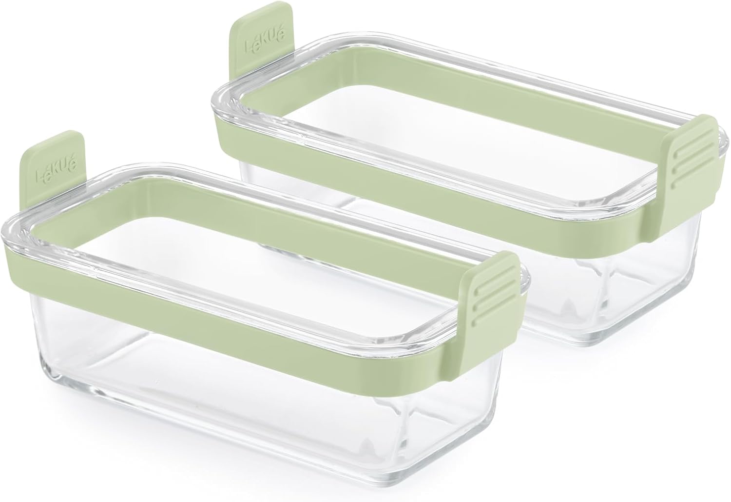 Lékué Air Fryer Rectangular Glass Dishes - Set of 2 - Borosilicate Glass & 100% Platinum Silicone Rimmed Cooking Trays with Handles for Easy Removal, Clear Baking Liner Baskets for Air Frying Cooking